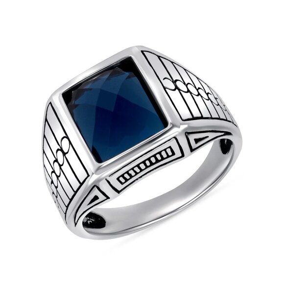 New 925 Sterling Silver 925 Men\'S DEEP BLUE FACETED CZ STONE
